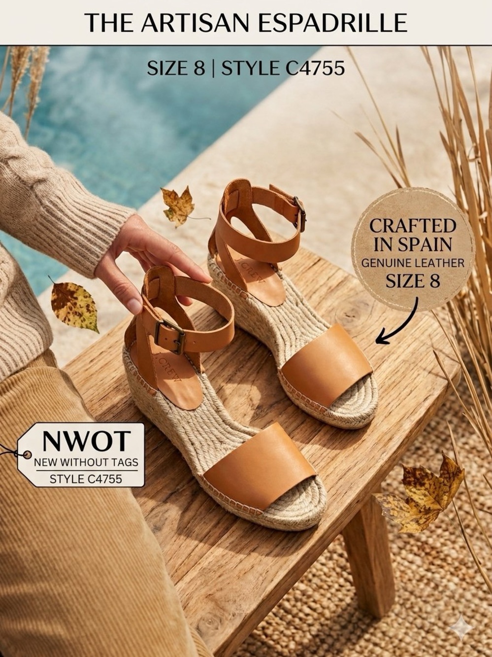 NWOT J. Crew Leather Ankle-Strap Espadrille Wedges in Tan